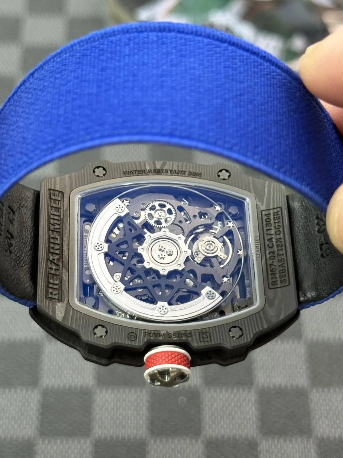 Caseback of the RM 67-02 showing the skeletonised automatic movement