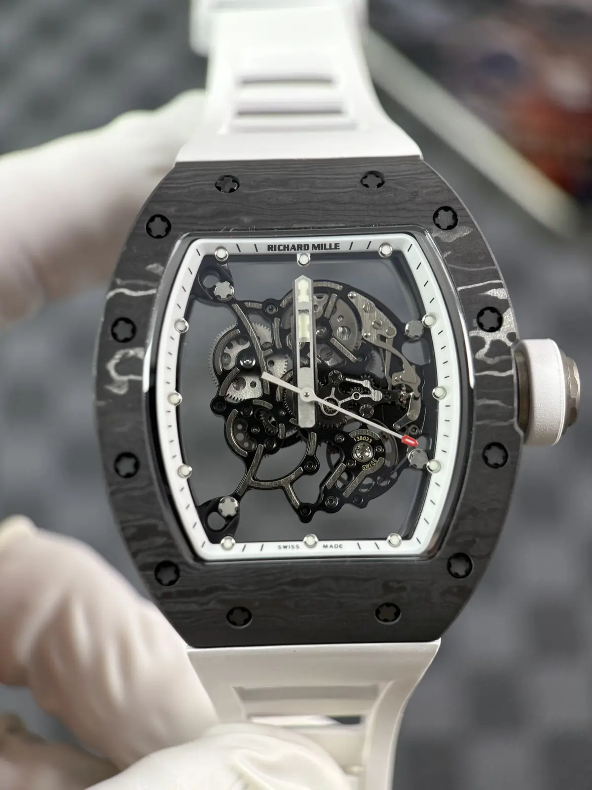 Angled view of the RM 055 skeleton dial showing the bridges